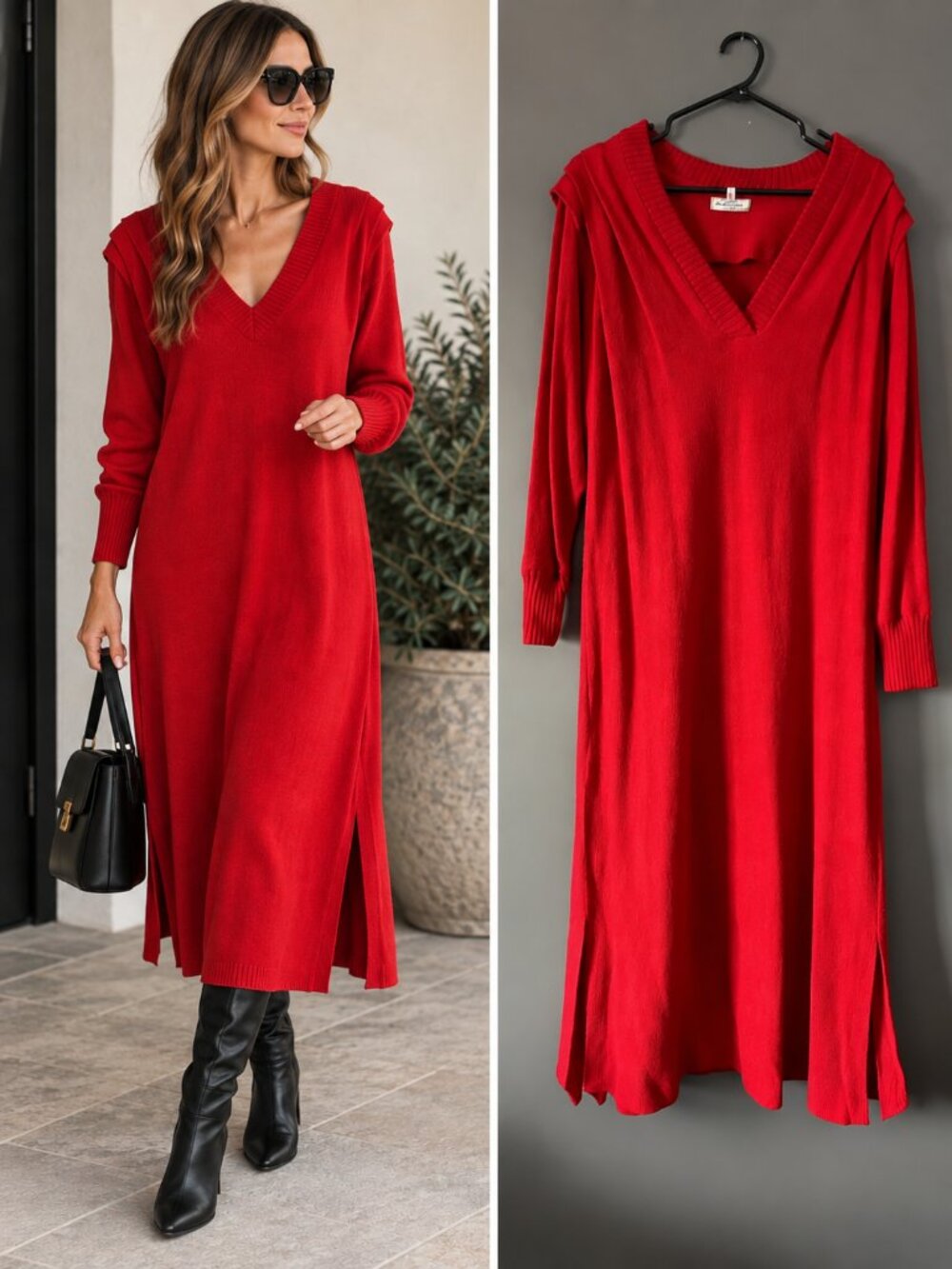 Holt Renfrew Red Acrylic Knit Sweater Midi Dress Longline V Neck Quiet Luxury 12